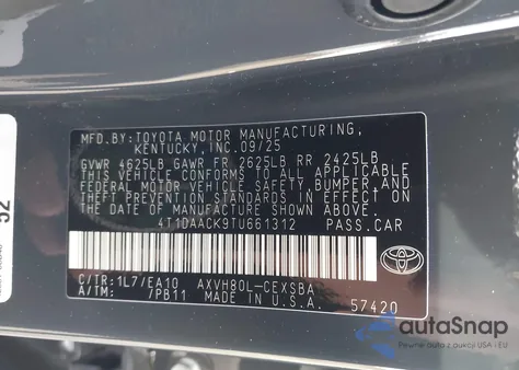 2026 Toyota Camry Se z USA, uszkodzony, nr VIN 4T1DAACK9TU661312